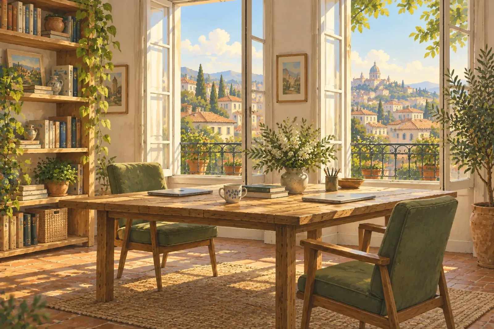 Painting of a bright room with a large wooden table and windows open onto the city.