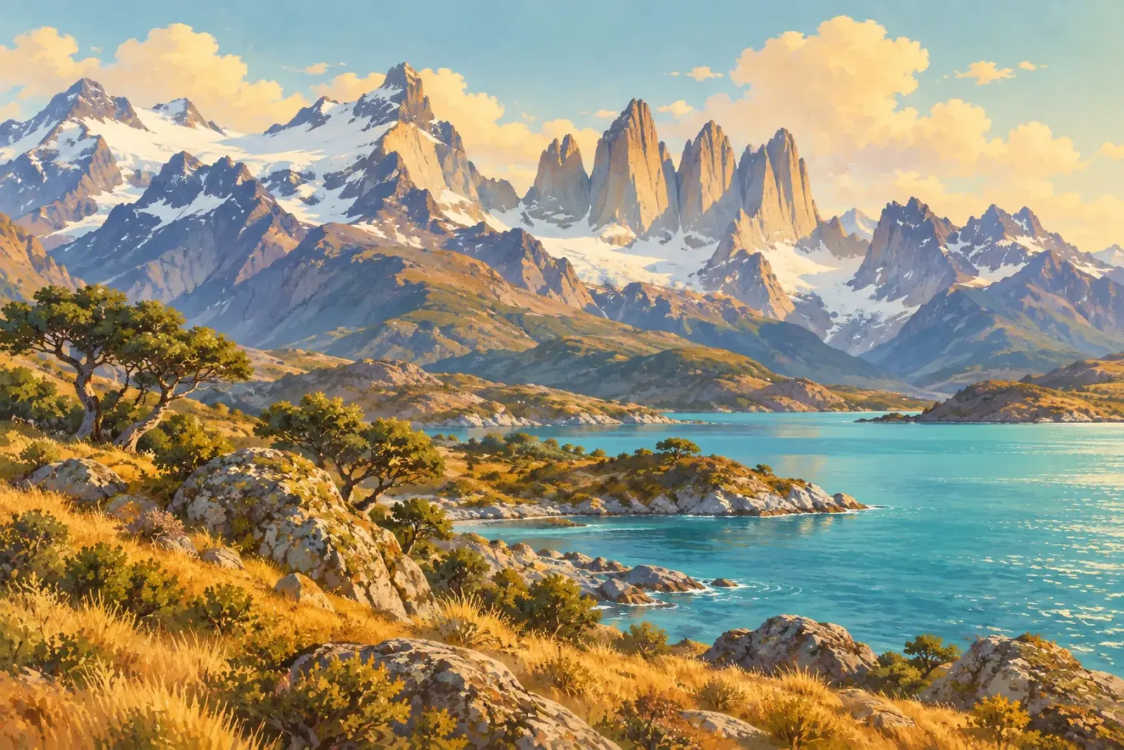 Painting of a bay among mountains, one of the travel covers in Tacca.