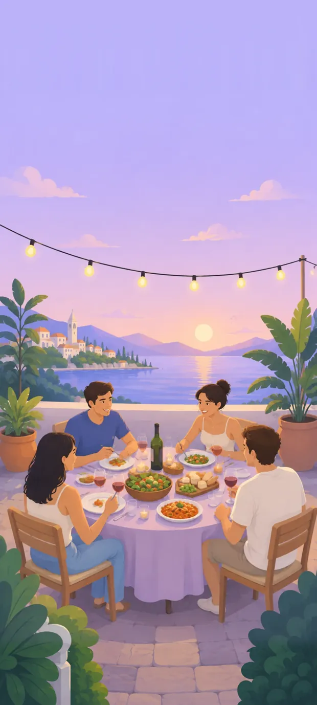 Una cena en una terraza al atardecer, cuatro amigos alrededor de la mesa.