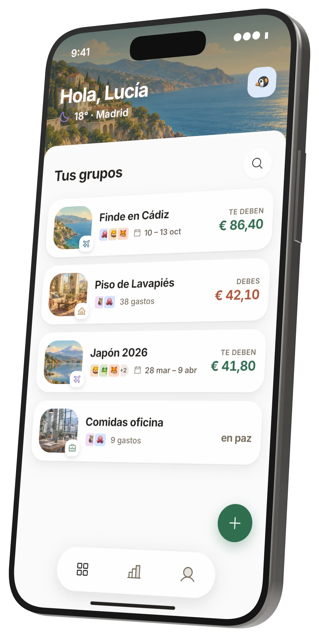 La pantalla de inicio de Tacca: tus grupos, cada uno con lo que te deben o lo que debes.