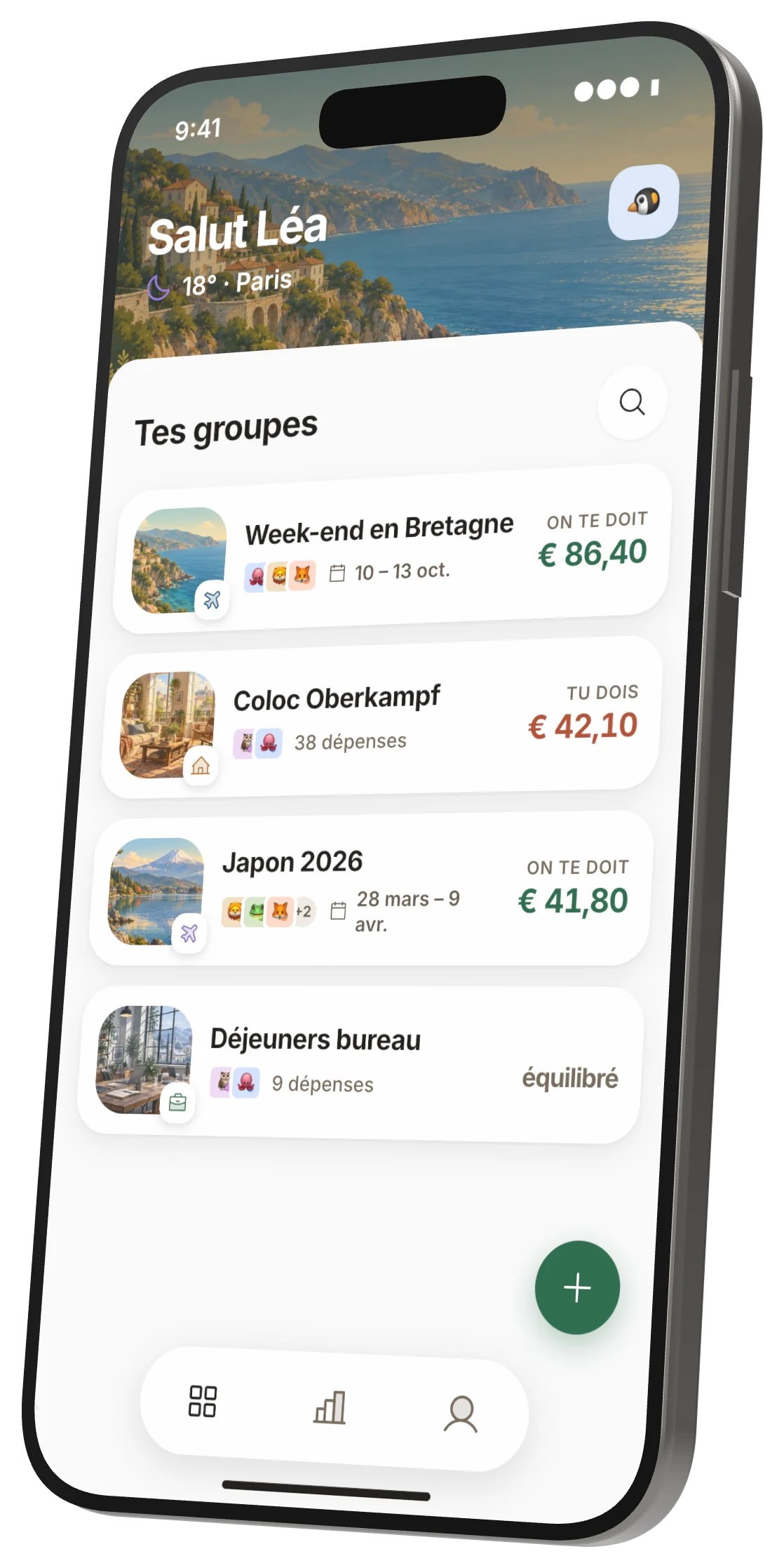 L'accueil de Tacca : tes groupes, chacun avec ce qu'on te doit ou ce que tu dois.