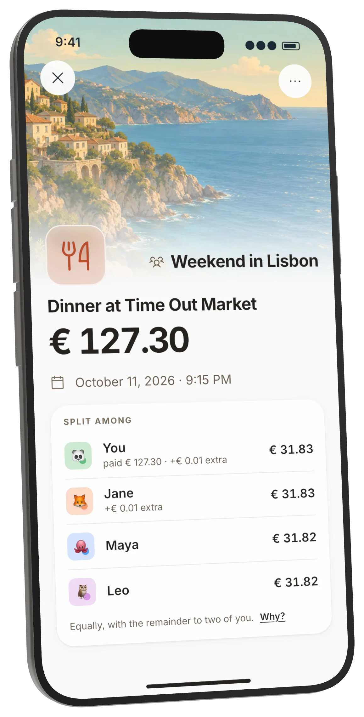 A €127.30 dinner split four ways, with the leftover cent and what comes back to you.