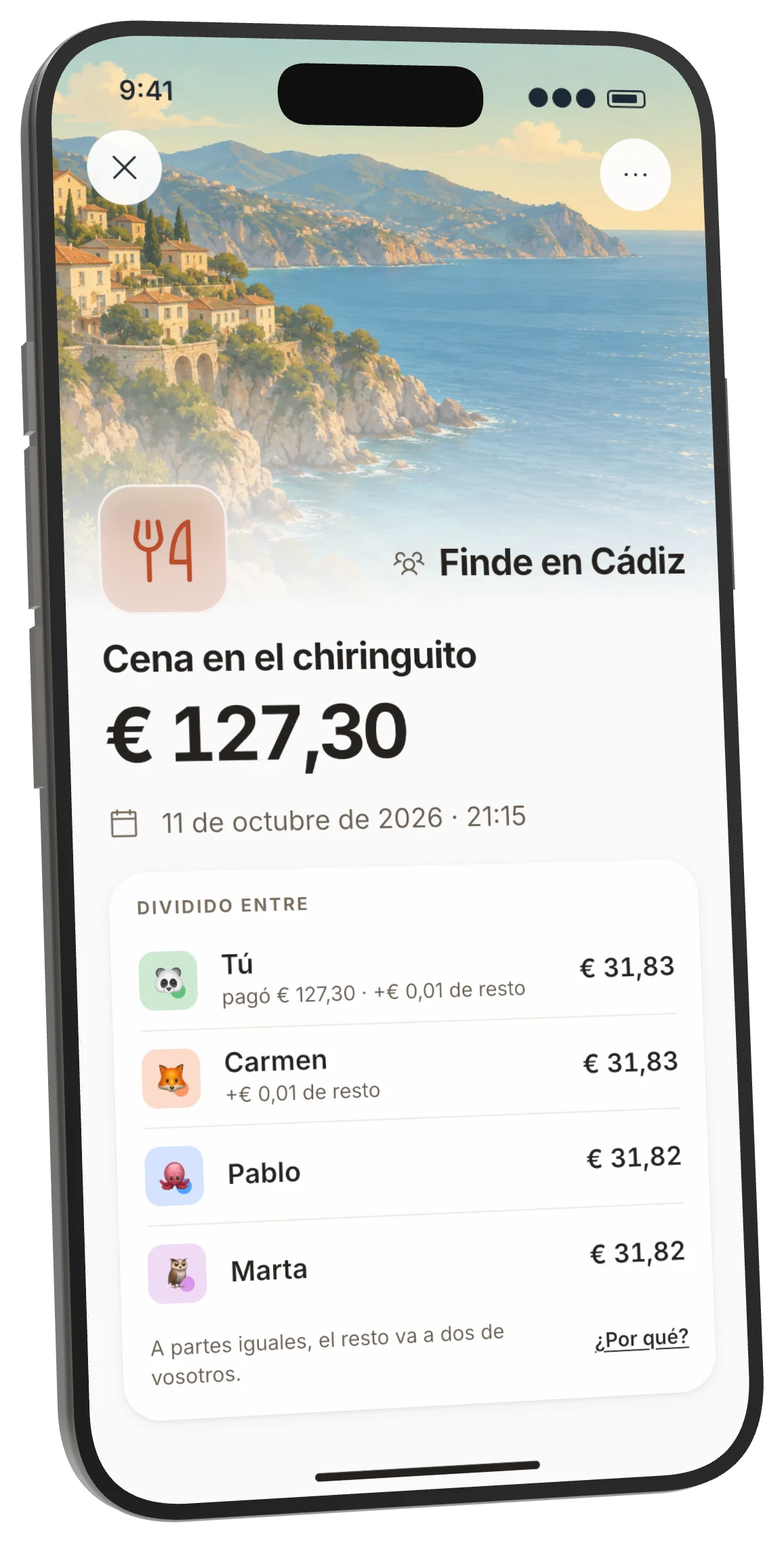 Una cena de 127,30 euros dividida entre cuatro, con el céntimo de resto y lo que te vuelve.