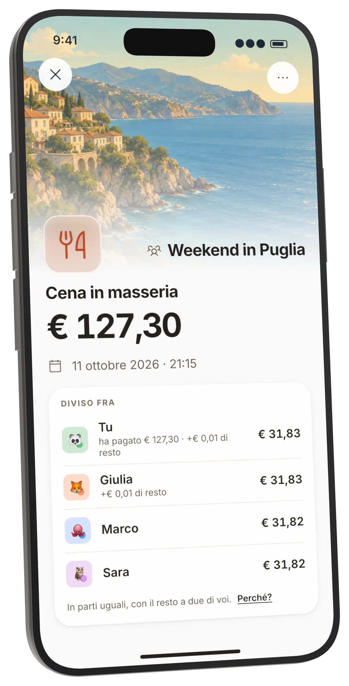 Una cena da 127,30 euro divisa fra quattro, con il centesimo di resto e quanto ti torna.